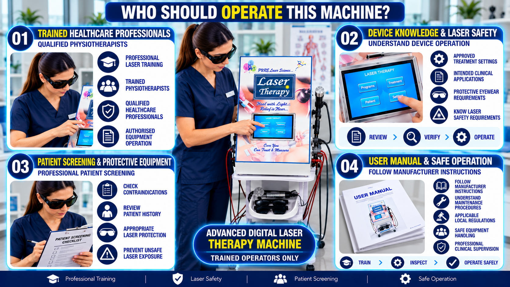Advanced Digital Laser Therapy Machine Who should operate an advanced digital laser therapy machine infographic showing professional training, laser safety, patient screening, protective eyewear, and safe operation guidelines for qualified physiotherapists.