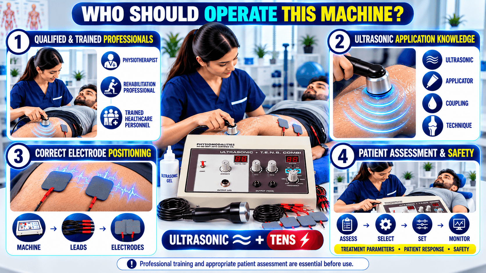 Who should operate an Ultrasonic + TENS combination physiotherapy machine, highlighting trained physiotherapists, ultrasonic applicator knowledge, correct electrode positioning, patient assessment, treatment parameters, and safety monitoring.