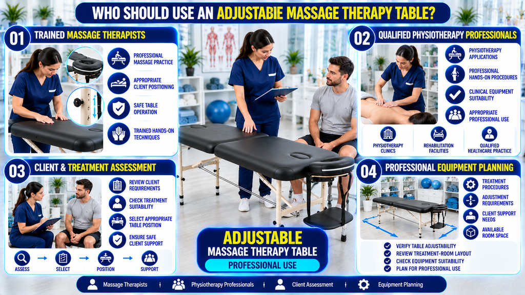Who should use an adjustable massage therapy table infographic featuring trained massage therapists, qualified physiotherapy professionals, client and treatment assessment, and professional equipment planning.