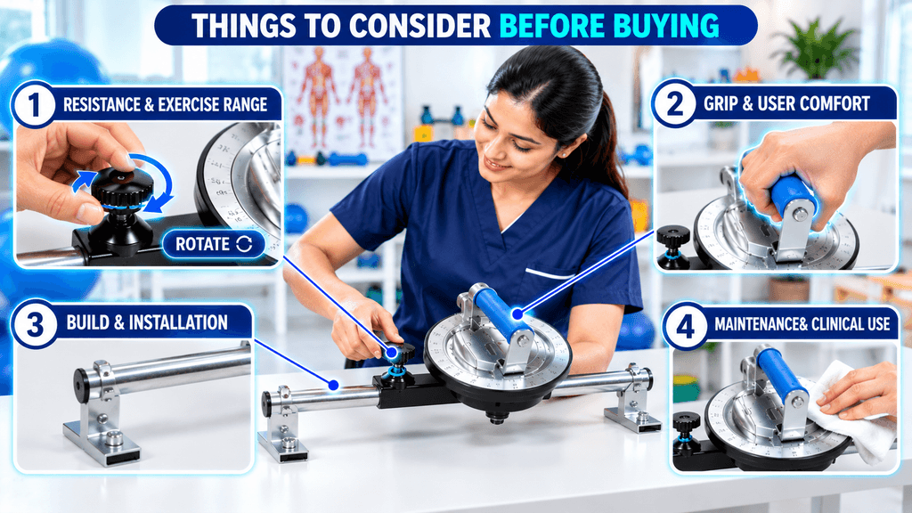 Rotary wrist exercise equipment showing adjustable resistance, ergonomic grip, sturdy construction, and maintenance considerations for rehabilitation use.